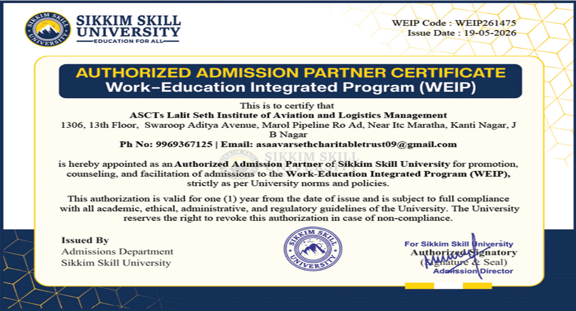 Authorized Admission Partner Certificate — Sikkim Skill University